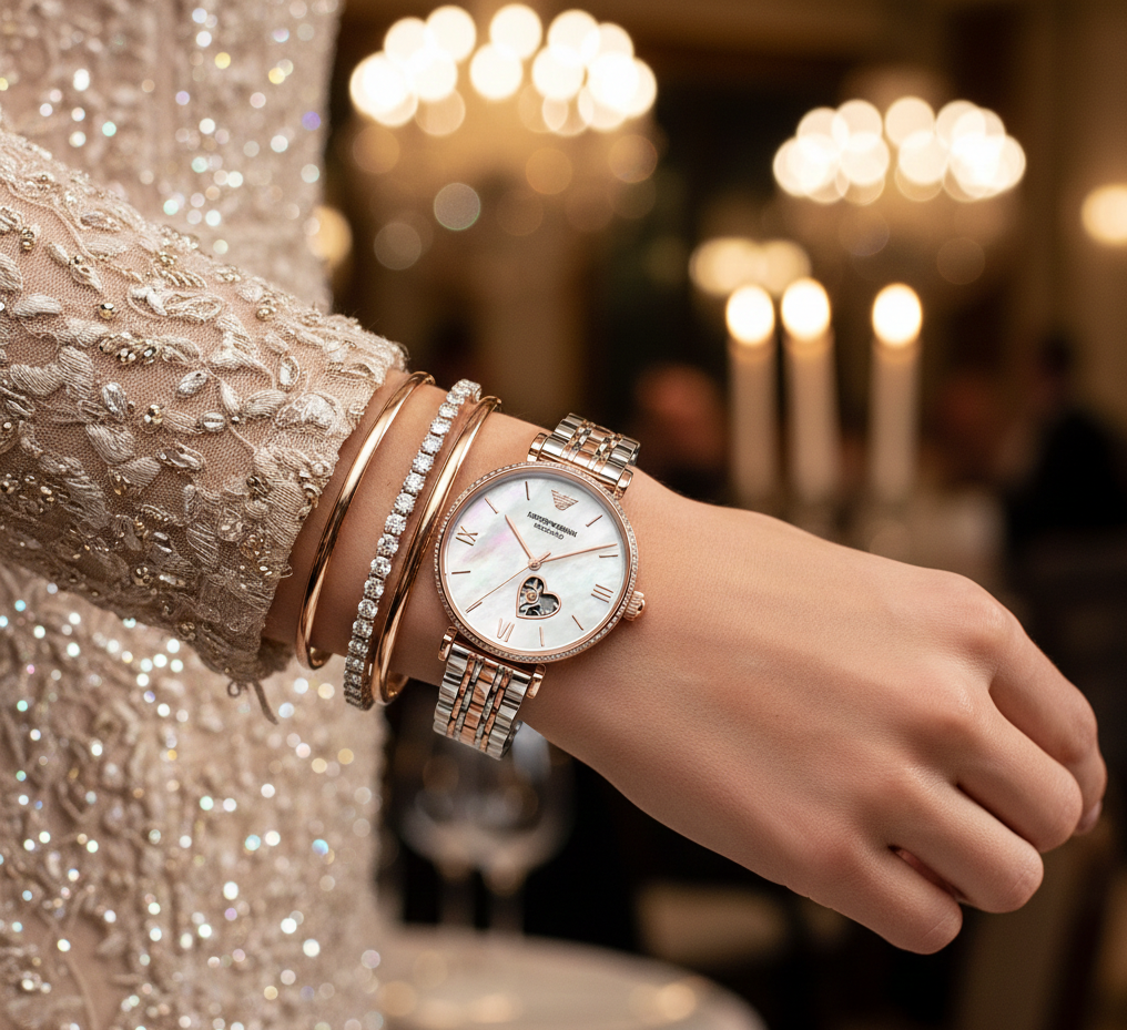 Elegant woman wearing Emporio Armani AR60049 automatic watch stacked with diamond bracelets