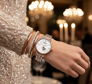 Elegant woman wearing Emporio Armani AR60049 automatic watch stacked with diamond bracelets