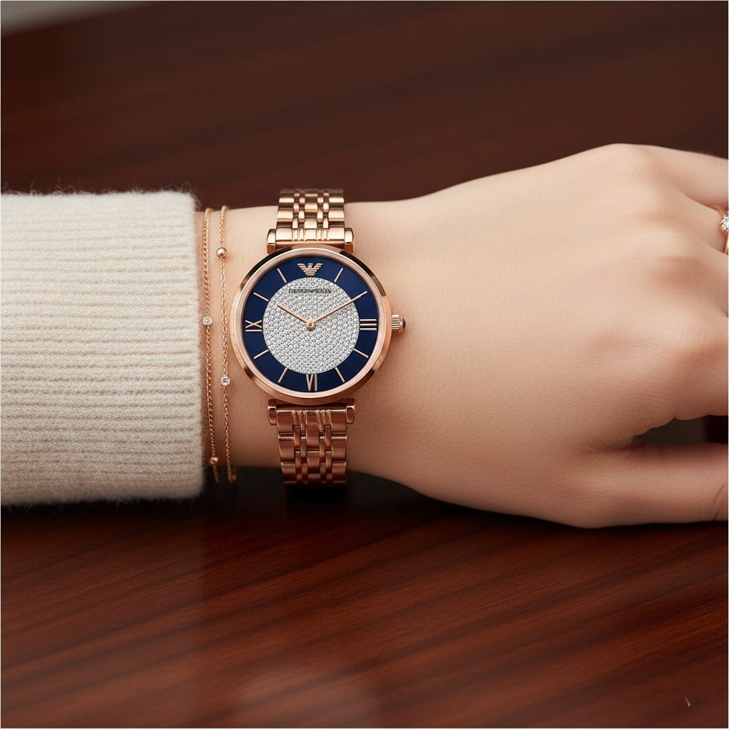 Close-up of Armani AR11423 watch on wrist with stacked bracelets and sweater cuff