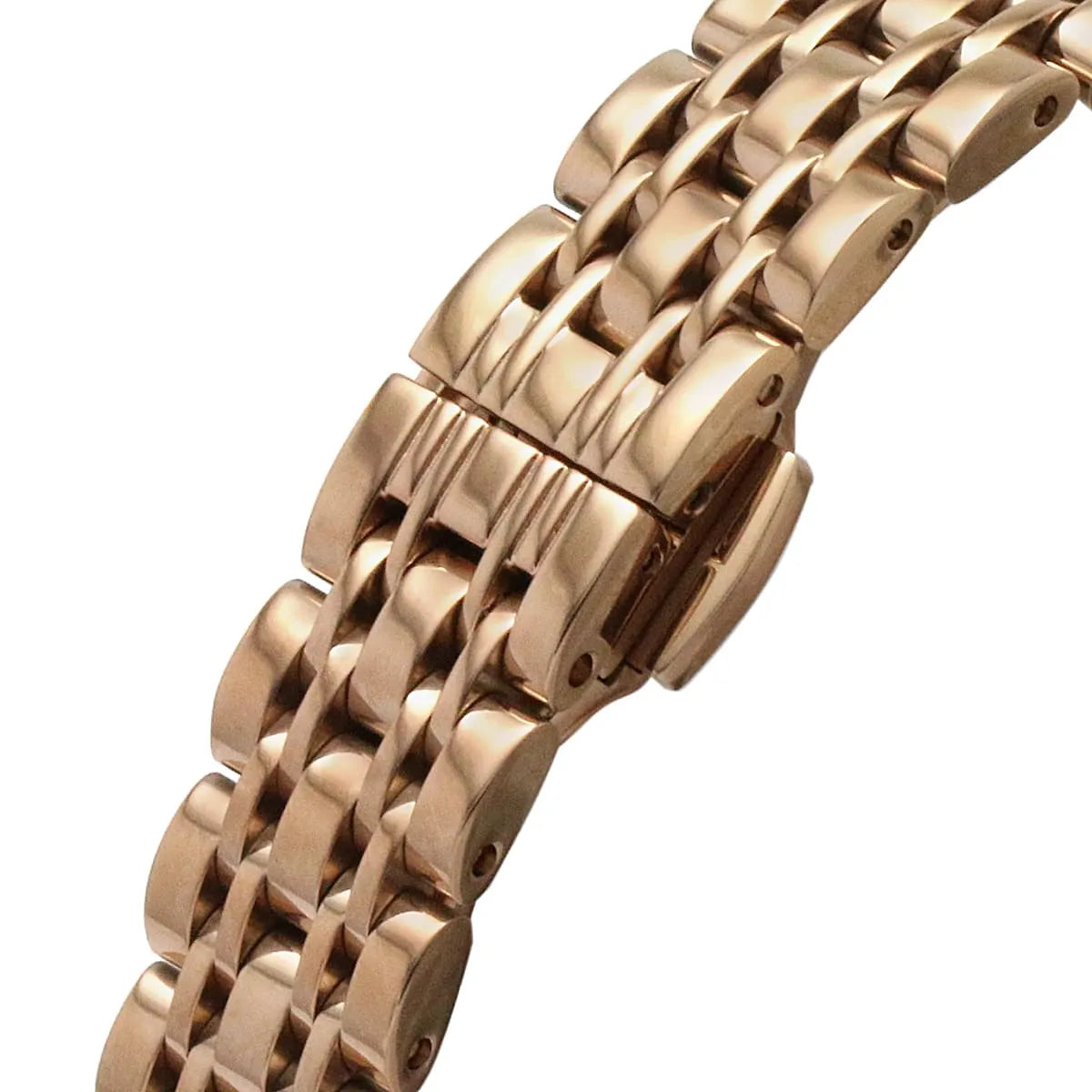Detailed shot of the polished rose gold multi-link bracelet of the AR11423 watch