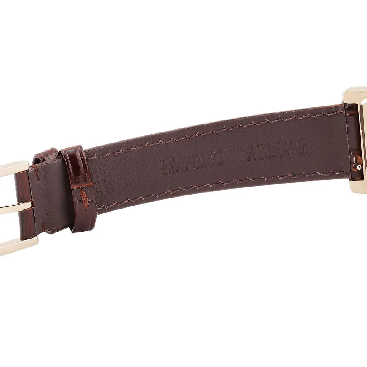 Detailed view of the brown alligator-embossed genuine leather strap on the Armani AR11665