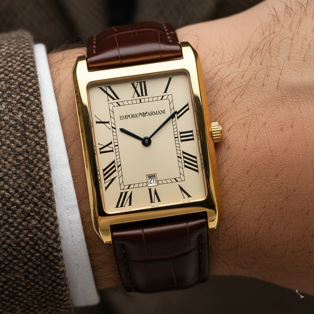Close up of the AR11665 cream dial showing black Roman numerals and the gold-tone eagle logo