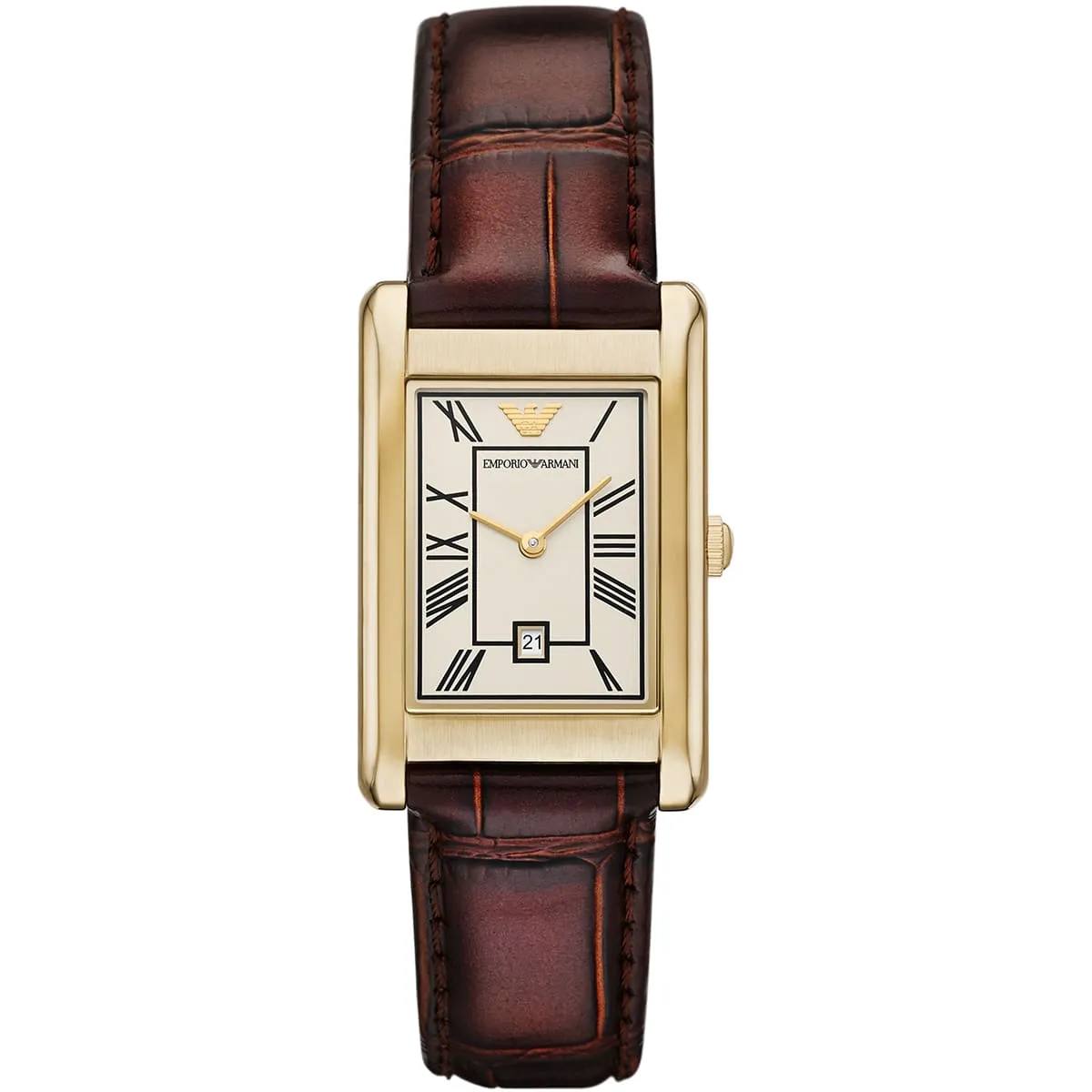 Emporio Armani Gino AR11665 men's gold-tone rectangular watch with cream dial and brown leather strap