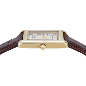 Extreme close-up of the genuine leather texture and gold-tone lugs of the AR11665 watch