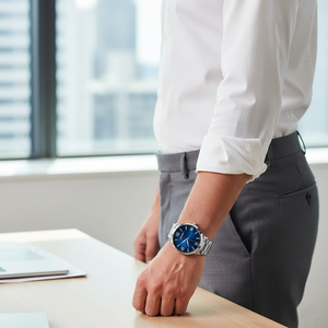 Modern professional wearing Emporio Armani AR11227 blue watch with white shirt