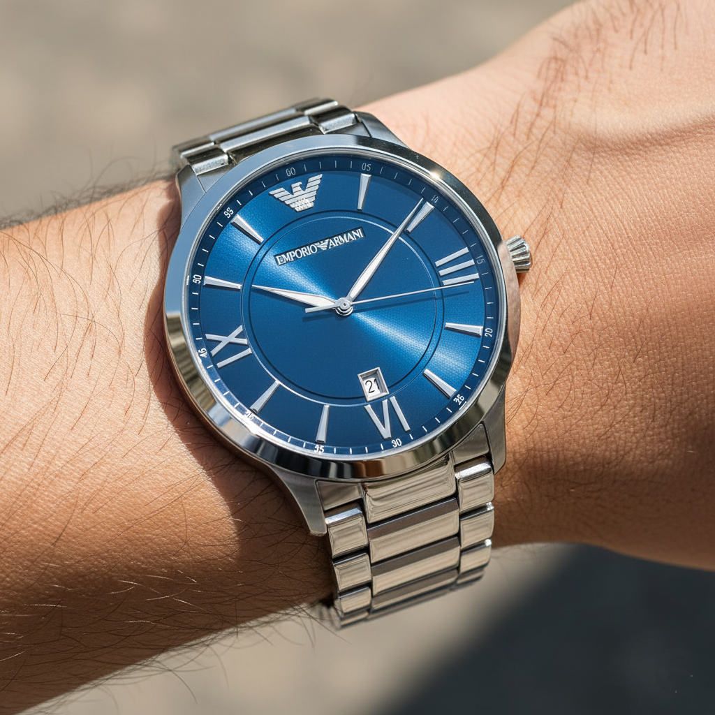 Extreme wrist macro of Armani AR11227 showing Roman numerals and black bezel ring