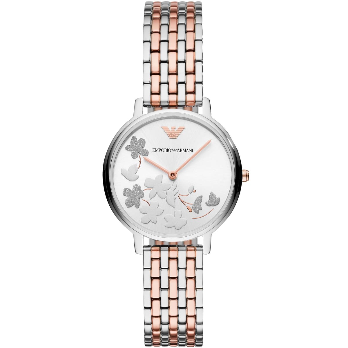 Emporio Armani AR11113 Kappa Women's Watch 3D Floral Dial Two-Tone Rose Gold Silver