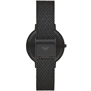 Detailed view of black Milanese mesh stainless steel strap for AR11252 watch