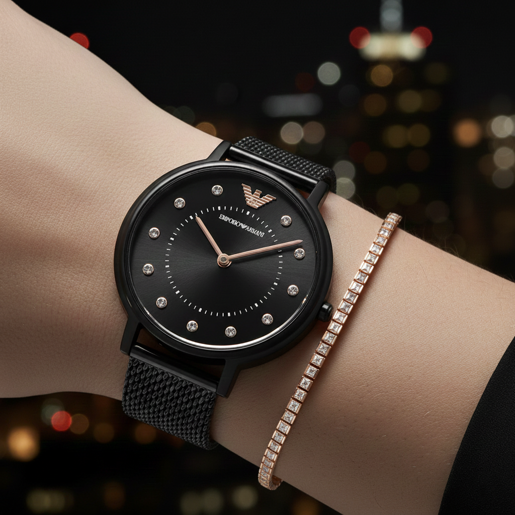 Close up of Armani AR11252 showing sparkling crystal indices and rose gold hands