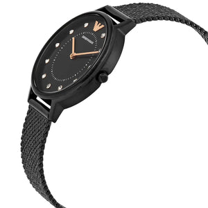 Side view of Emporio Armani AR11252 slim black case and mesh strap connection