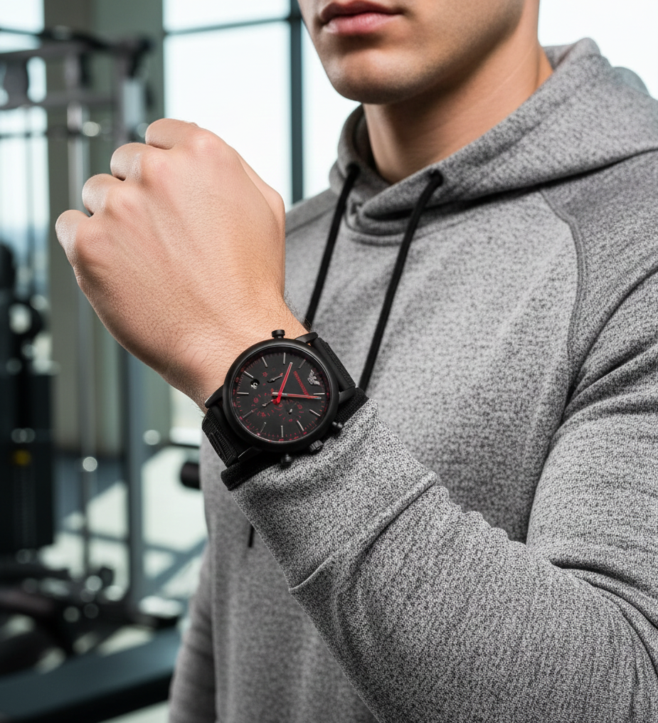 Sporty man wearing Emporio Armani AR11024 rubber watch with athletic wear