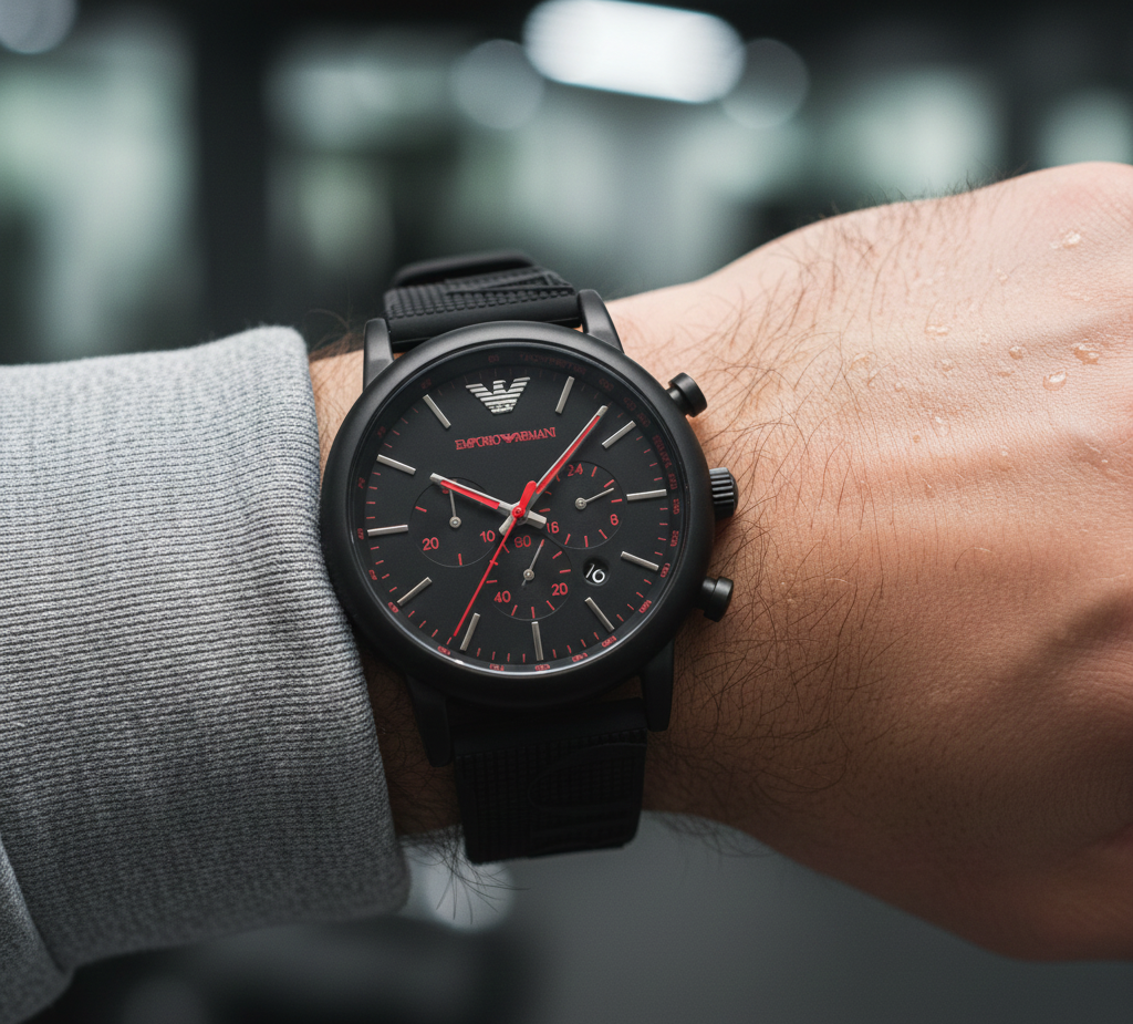 Extreme wrist macro of Armani AR11024 showing embossed logo on rubber strap