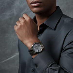 Artistic man wearing Emporio Armani AR11155 gunmetal watch with marble effect dial