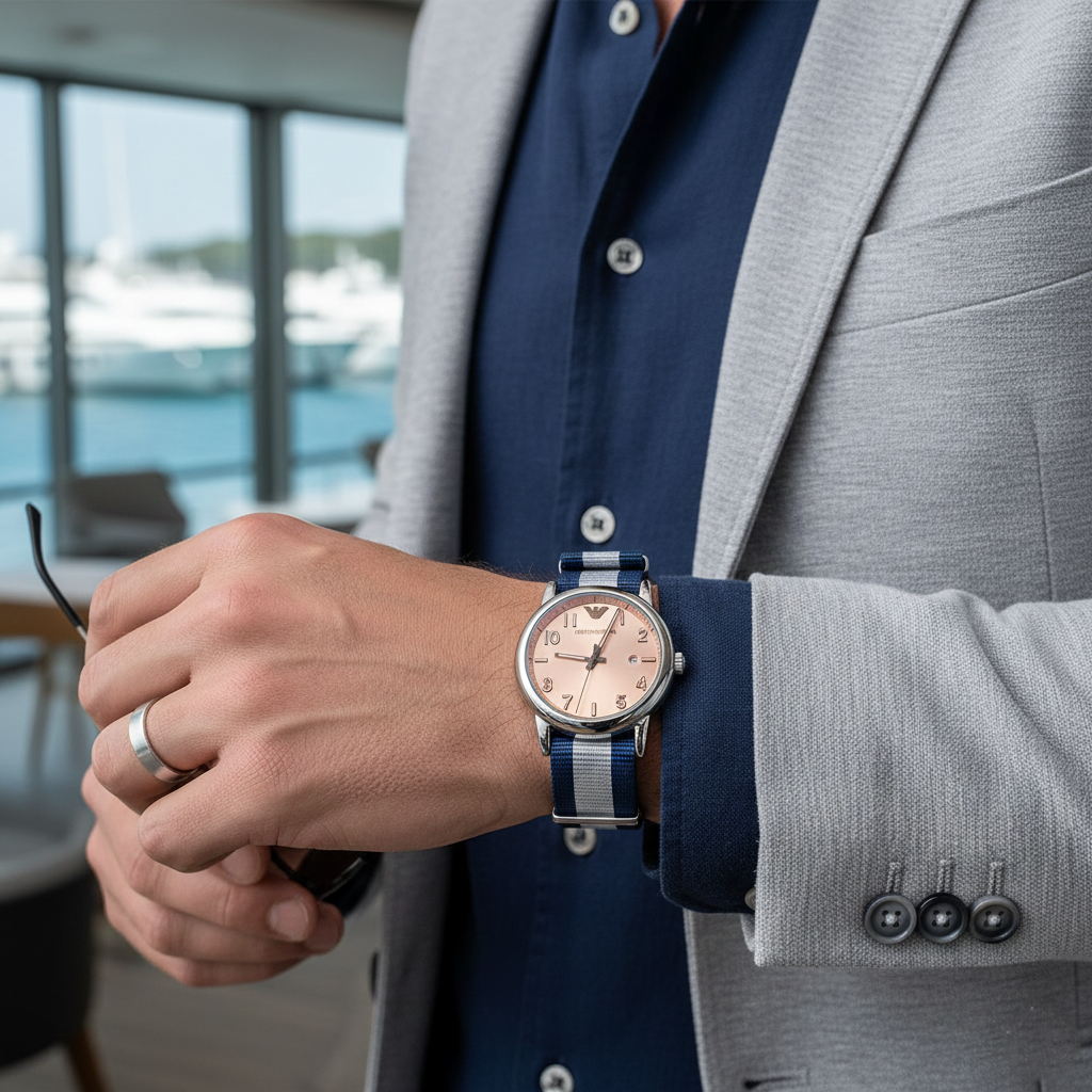 Stylish man wearing Emporio Armani AR11212 with navy linen shirt and silver ring