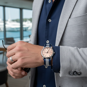 Stylish man wearing Emporio Armani AR11212 with navy linen shirt and silver ring