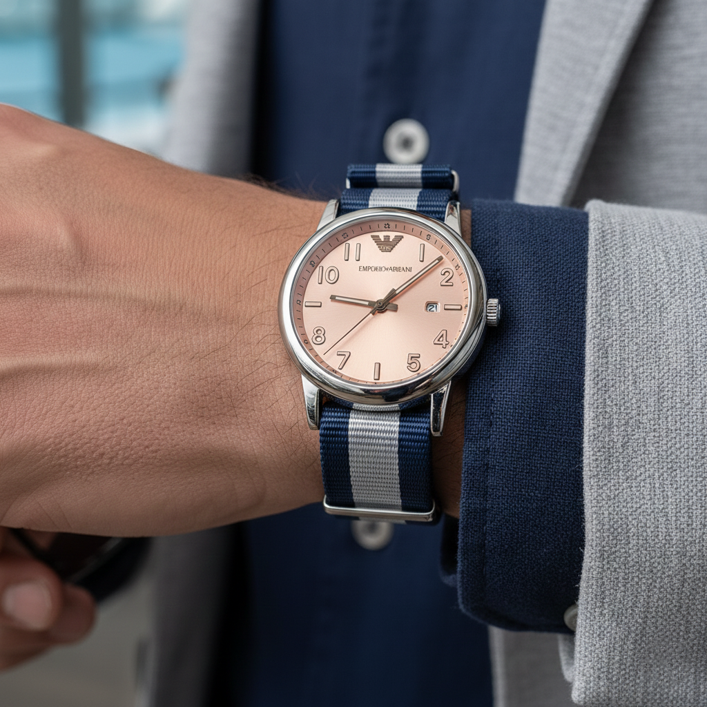 Detailed wrist macro of Armani AR11212 peach dial and striped nylon strap texture