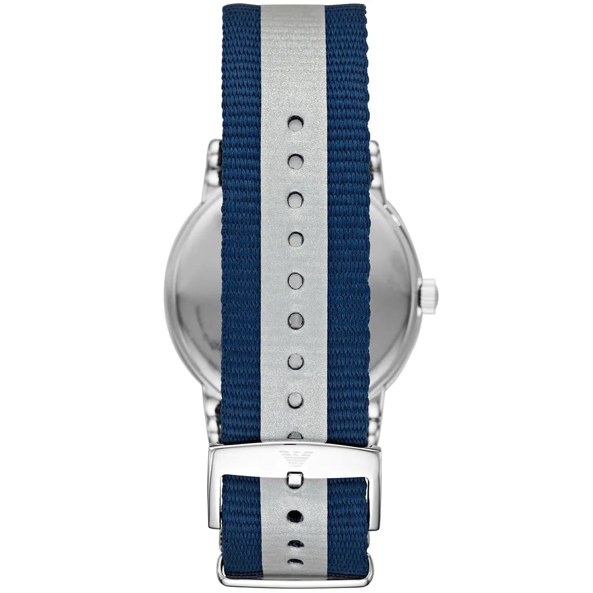 Detailed view of navy and silver striped nylon strap and silver buckle for AR11212