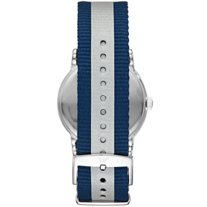 Detailed view of navy and silver striped nylon strap and silver buckle for AR11212