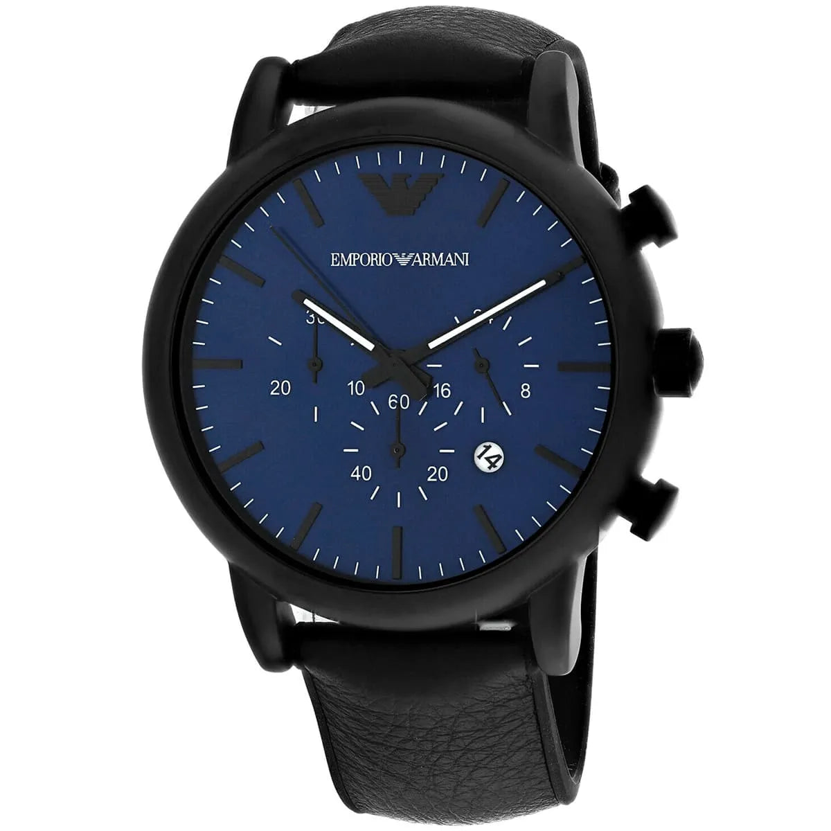 Angled front view of Emporio Armani AR11351 showing matte black finish and blue dial reflections