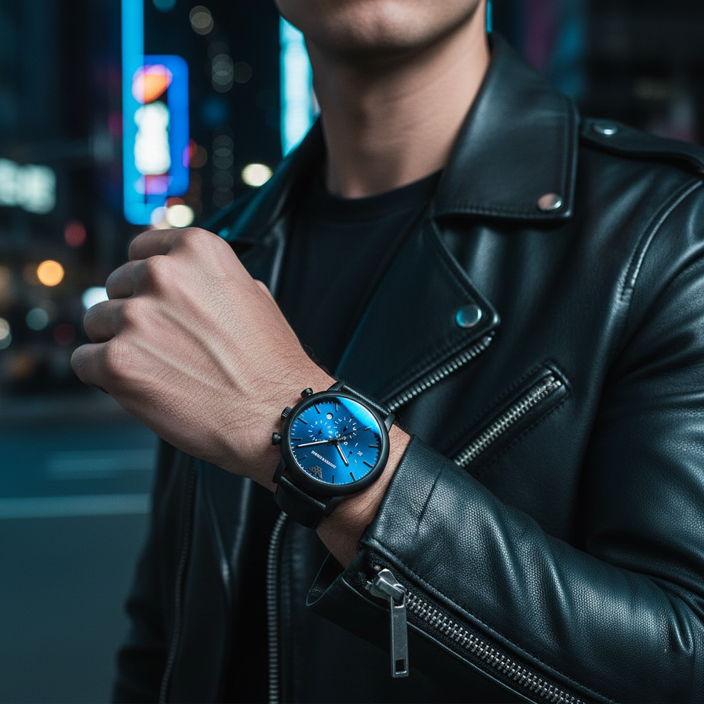 Stylish man wearing Emporio Armani AR11351 blue dial watch with black leather jacket