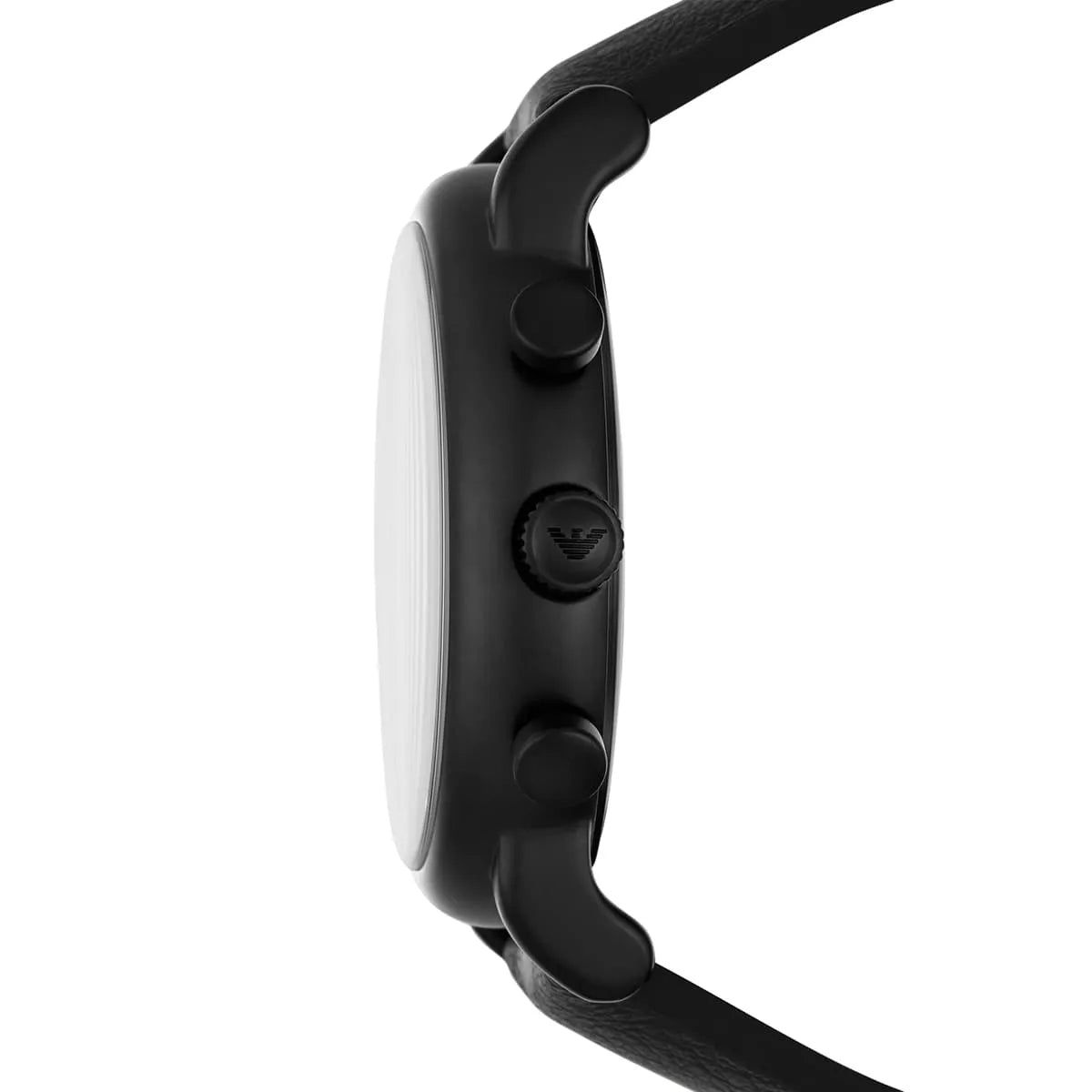 Side view of Emporio Armani AR11351 showing matte black crown and chronograph pushers