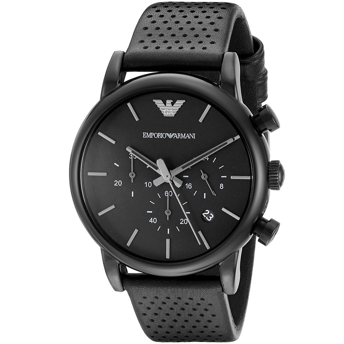 Angled front view of Emporio Armani AR1737 showing matte black case and dial
