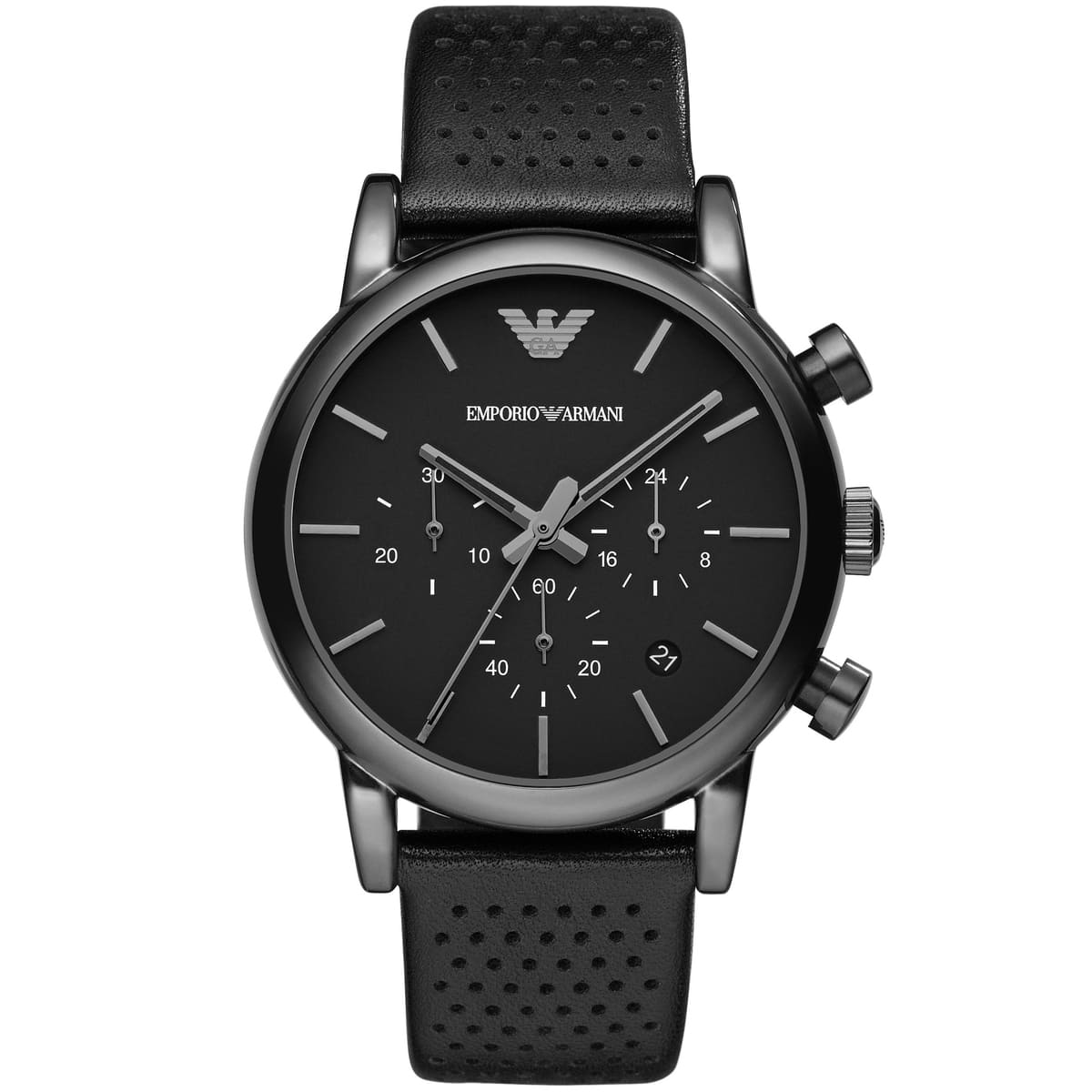 Emporio Armani AR1737 Luigi Men's Watch All Black Dial Perforated Leather Strap