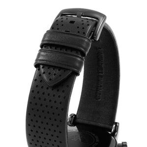 Detailed view of black perforated leather strap with buckle for AR1737