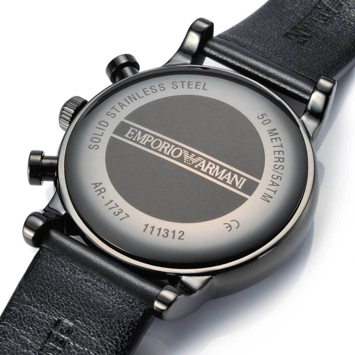 Back case of Emporio Armani AR1737 with engraved eagle logo and serial number