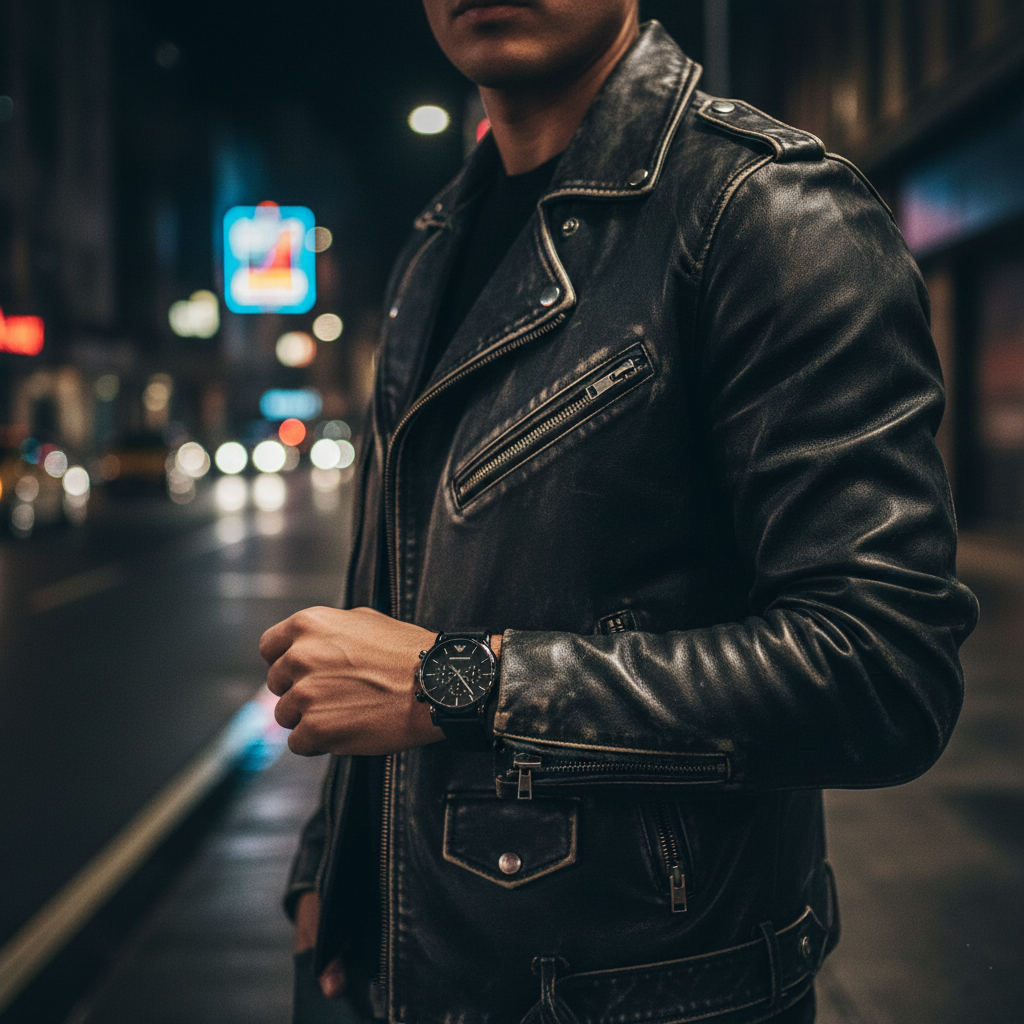 Stylish man wearing Emporio Armani AR1737 black leather watch with biker jacket