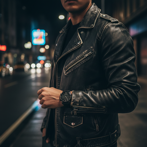 Stylish man wearing Emporio Armani AR1737 black leather watch with biker jacket