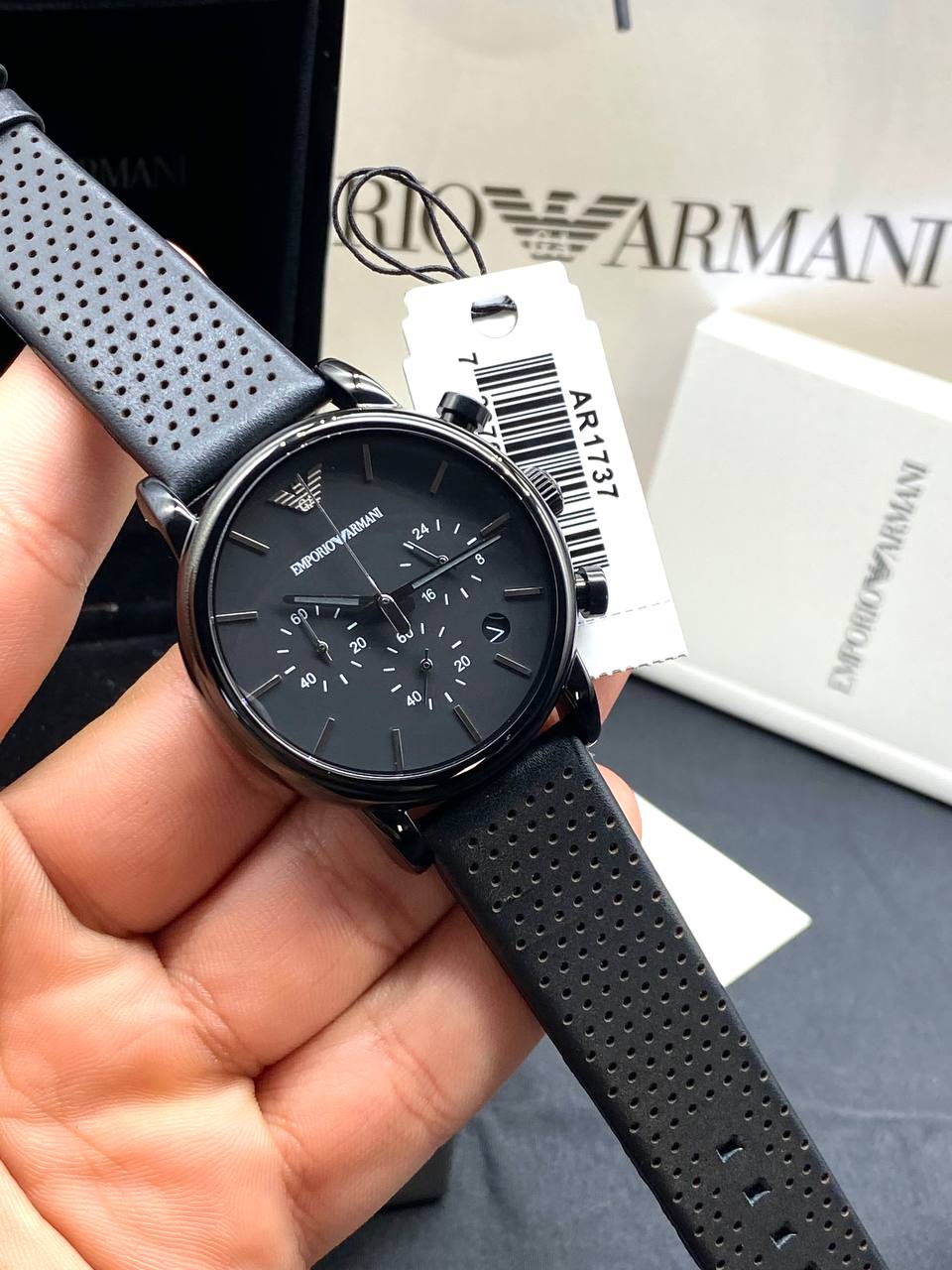 Emporio Armani AR1737 Luigi on wrist showing the sporty all-black look