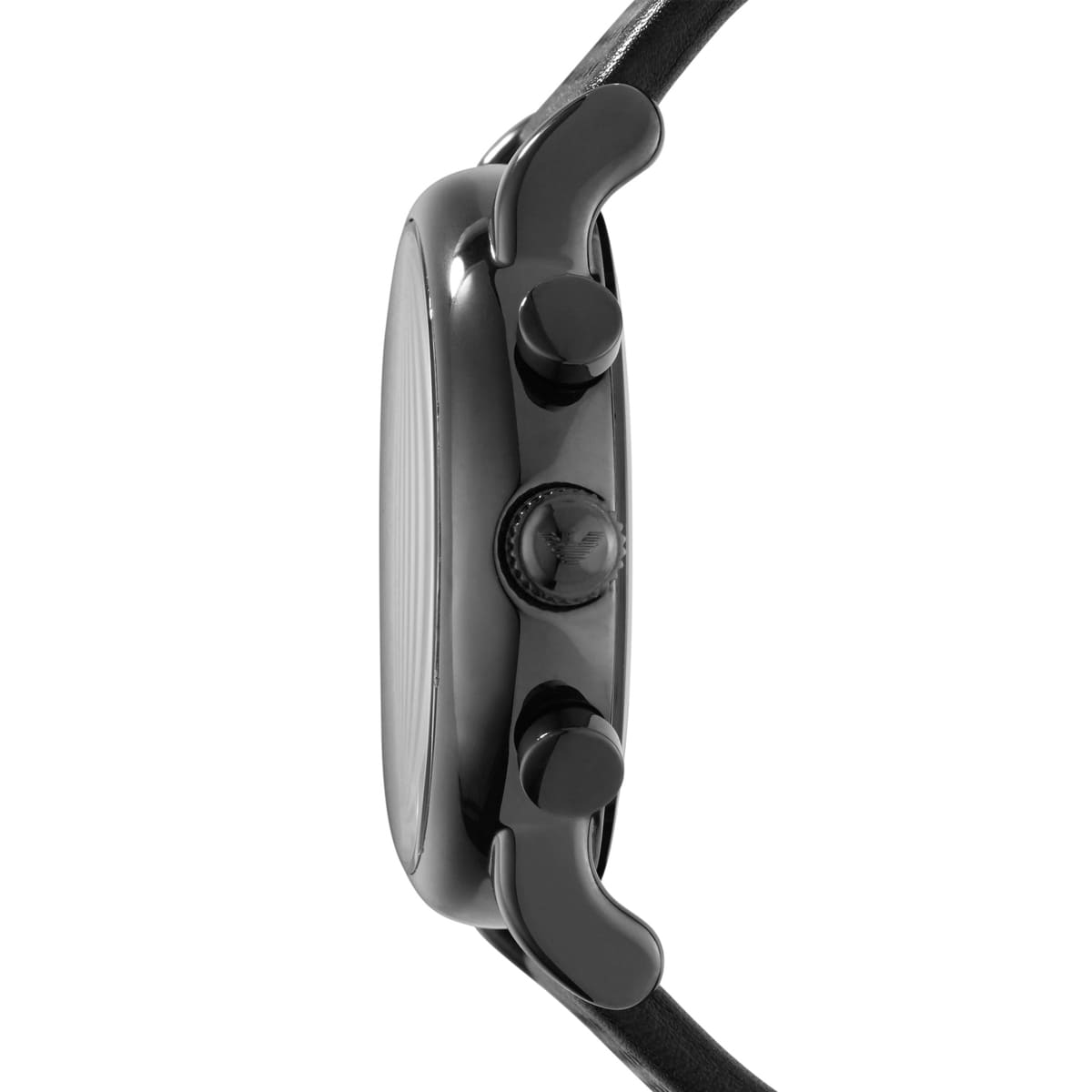 Side view of Emporio Armani AR1737 showing black crown and chronograph buttons