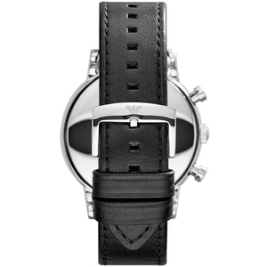 Detailed view of smooth black genuine leather strap with buckle for AR1828