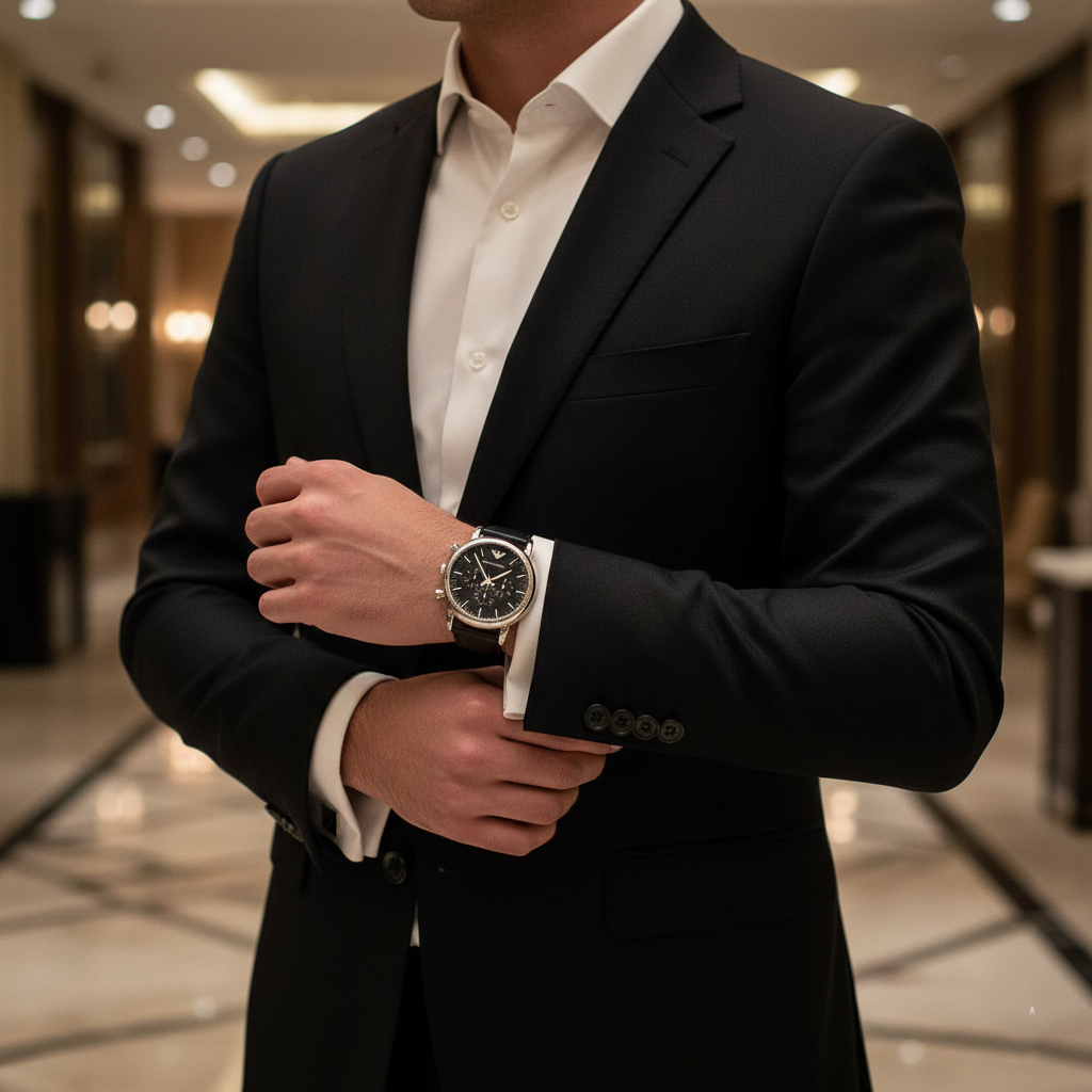 Gentleman wearing Emporio Armani AR1828 classic watch with black suit
