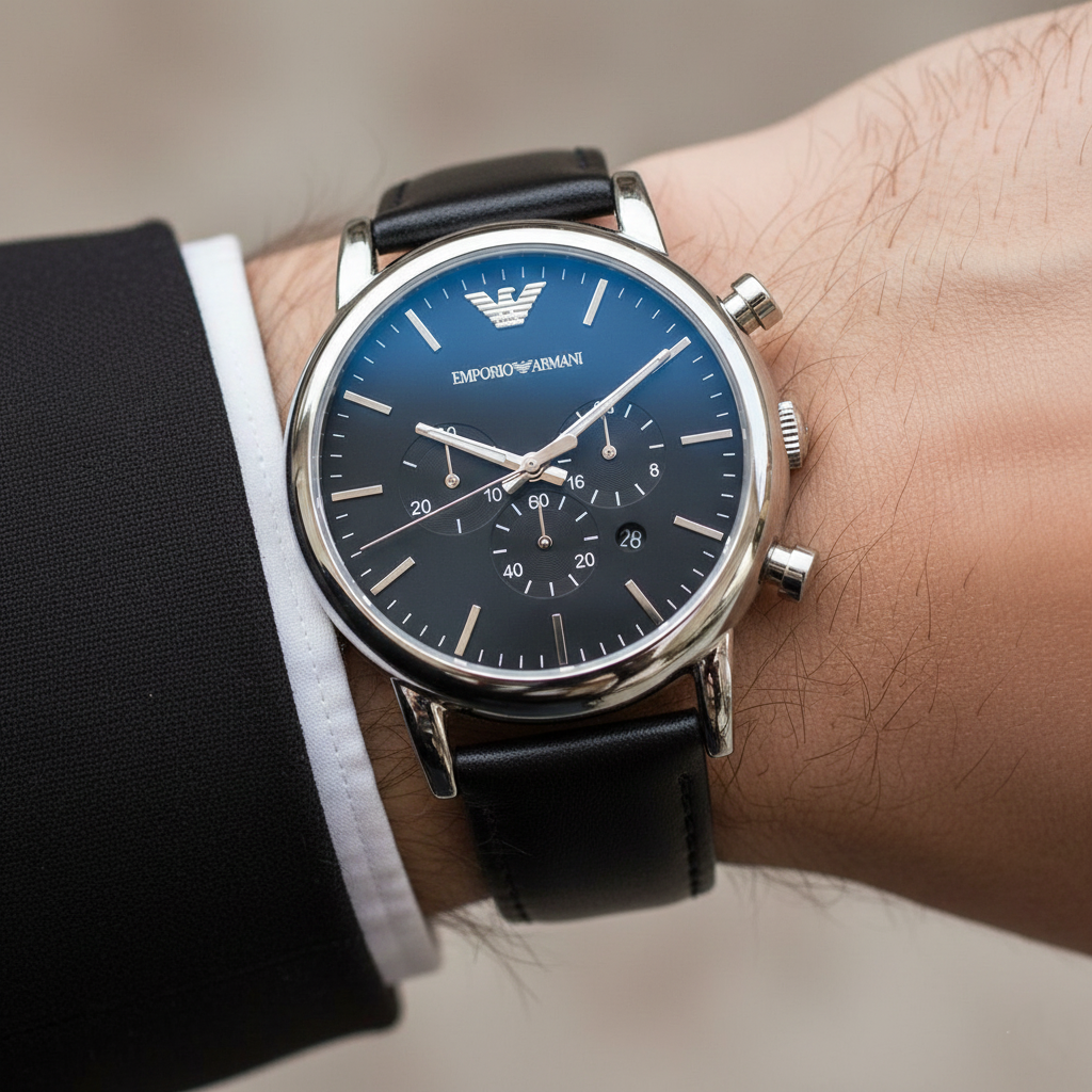 Extreme wrist macro of Armani AR1828 showing black dial and smooth leather texture