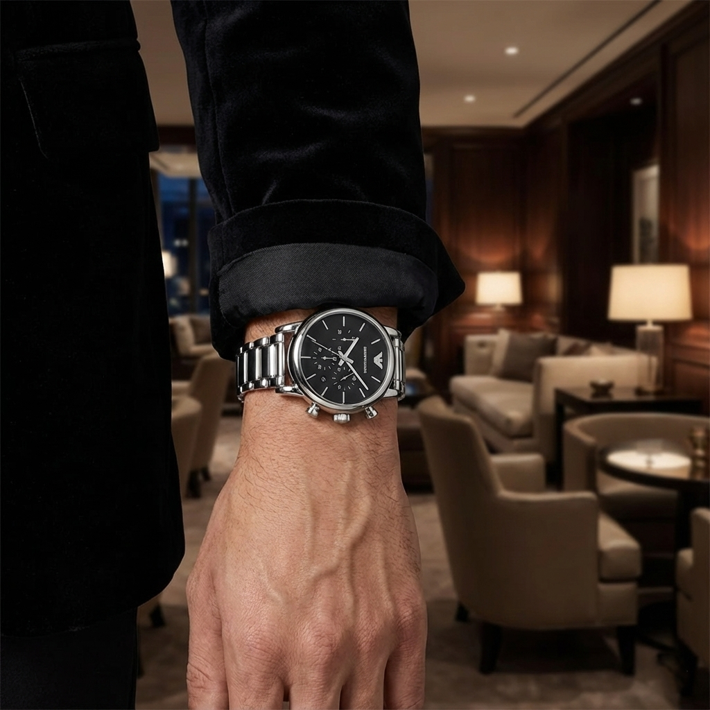 Stylish man wearing Emporio Armani AR1853 black dial watch with velvet blazer