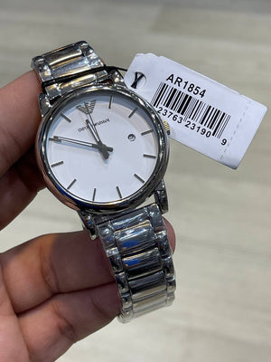 Emporio Armani Luigi AR1854 on wrist showing clean white minimalist style