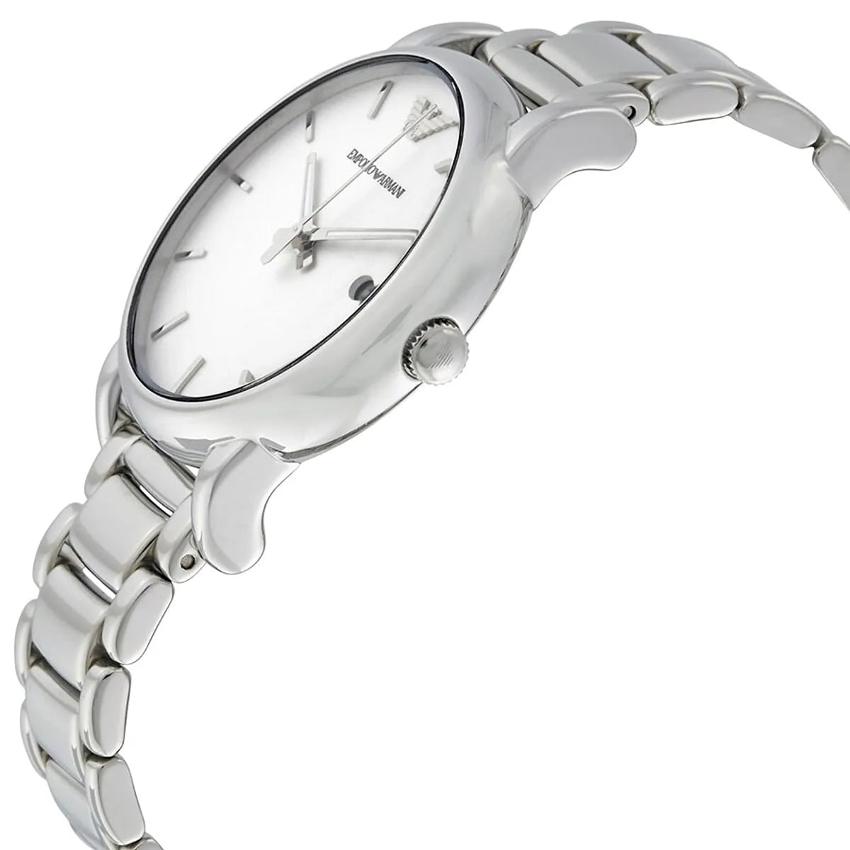 Side view of Emporio Armani AR1854 polished silver case and crown