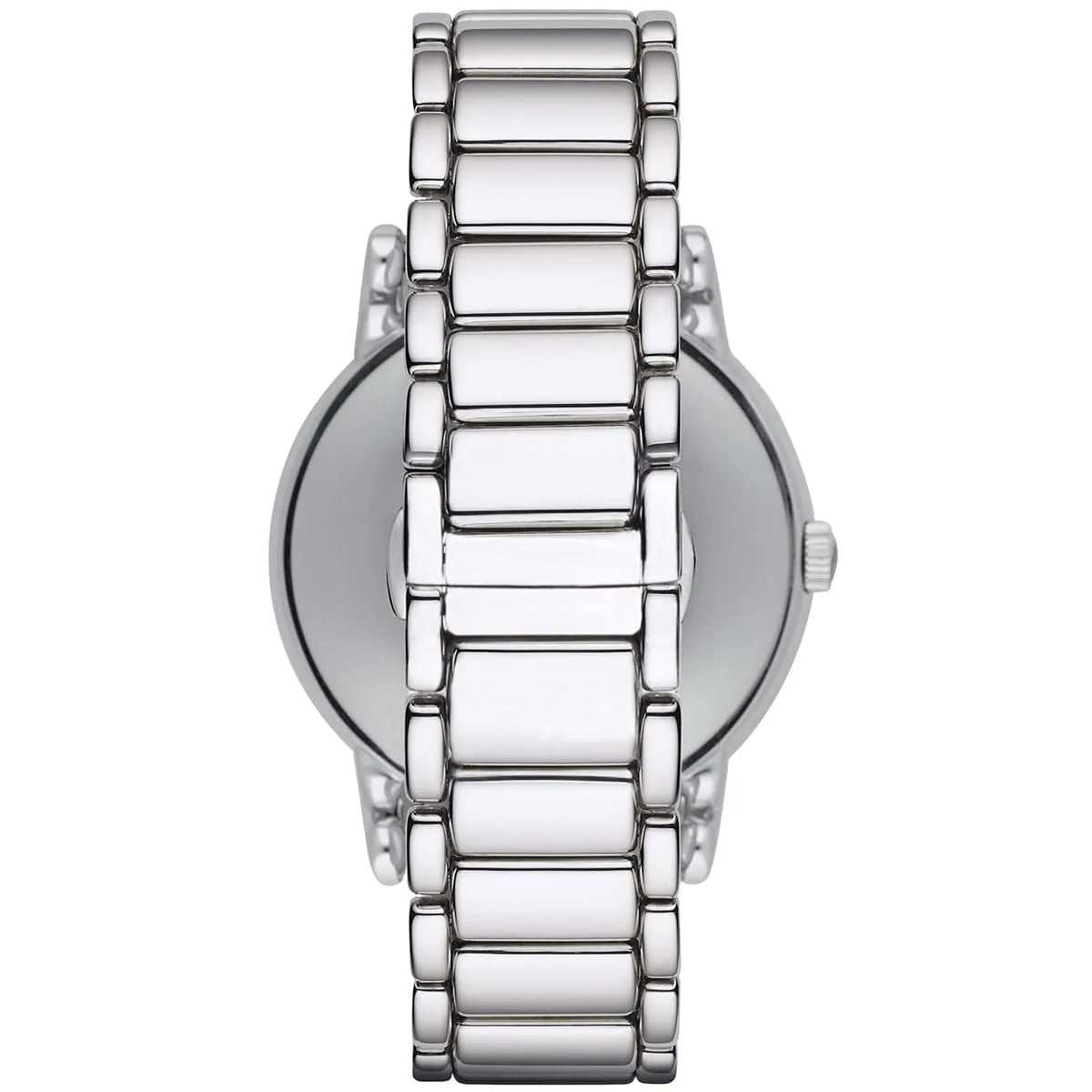 Detailed view of silver stainless steel rounded link bracelet for AR1854 watch