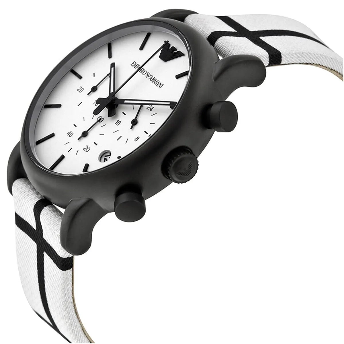 Angled front view of Emporio Armani AR1859 showing white dial and crystal
