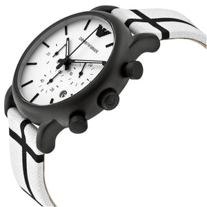 Angled front view of Emporio Armani AR1859 showing white dial and crystal