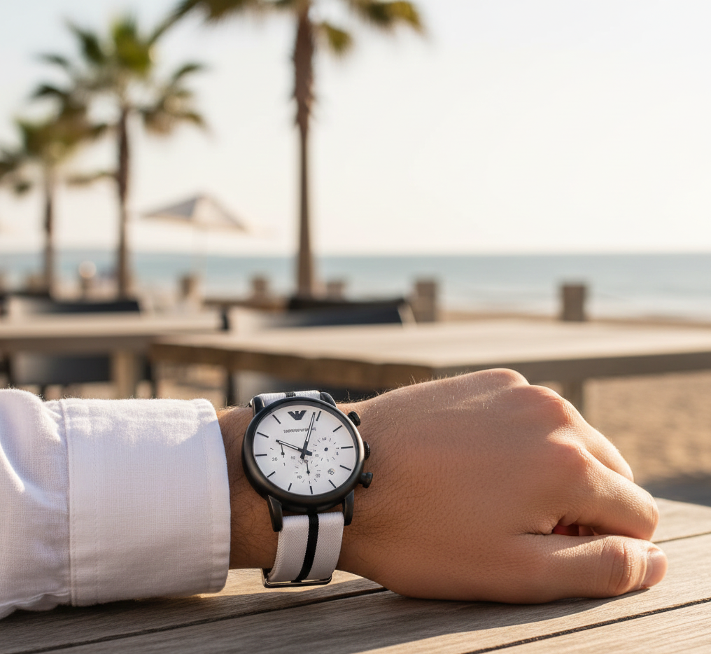 Casual man wearing Emporio Armani AR1859 fabric strap watch with linen shirt