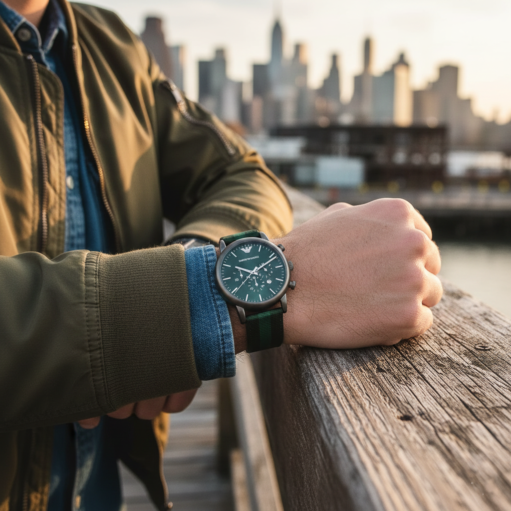 Adventurous man wearing Emporio Armani AR1950 green watch with bomber jacket