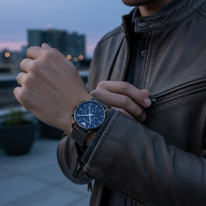 Stylish man wearing Emporio Armani AR1979 gunmetal mesh watch with leather jacket