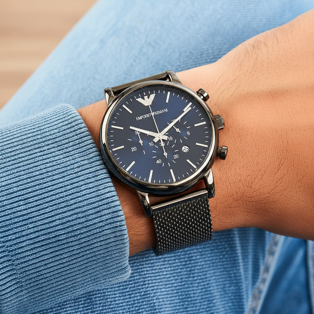 Extreme wrist macro of Armani AR1979 showing gunmetal mesh strap weave and blue dial