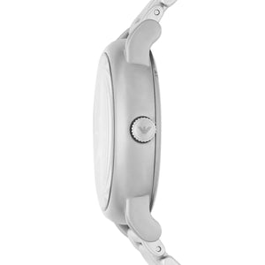 Side view of the polished silver-tone case and crown on the Armani Luigi AR60021