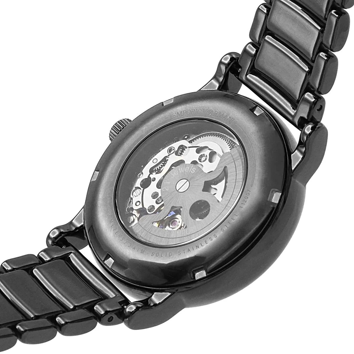 Exhibition case back of the Armani AR60029 showing the automatic mechanical engine