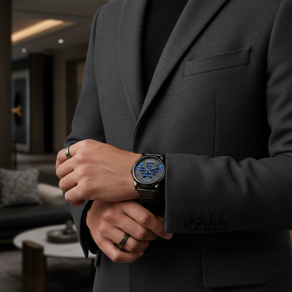 Detailed shot of the electric blue hands and hour markers on the gunmetal AR60029 dial