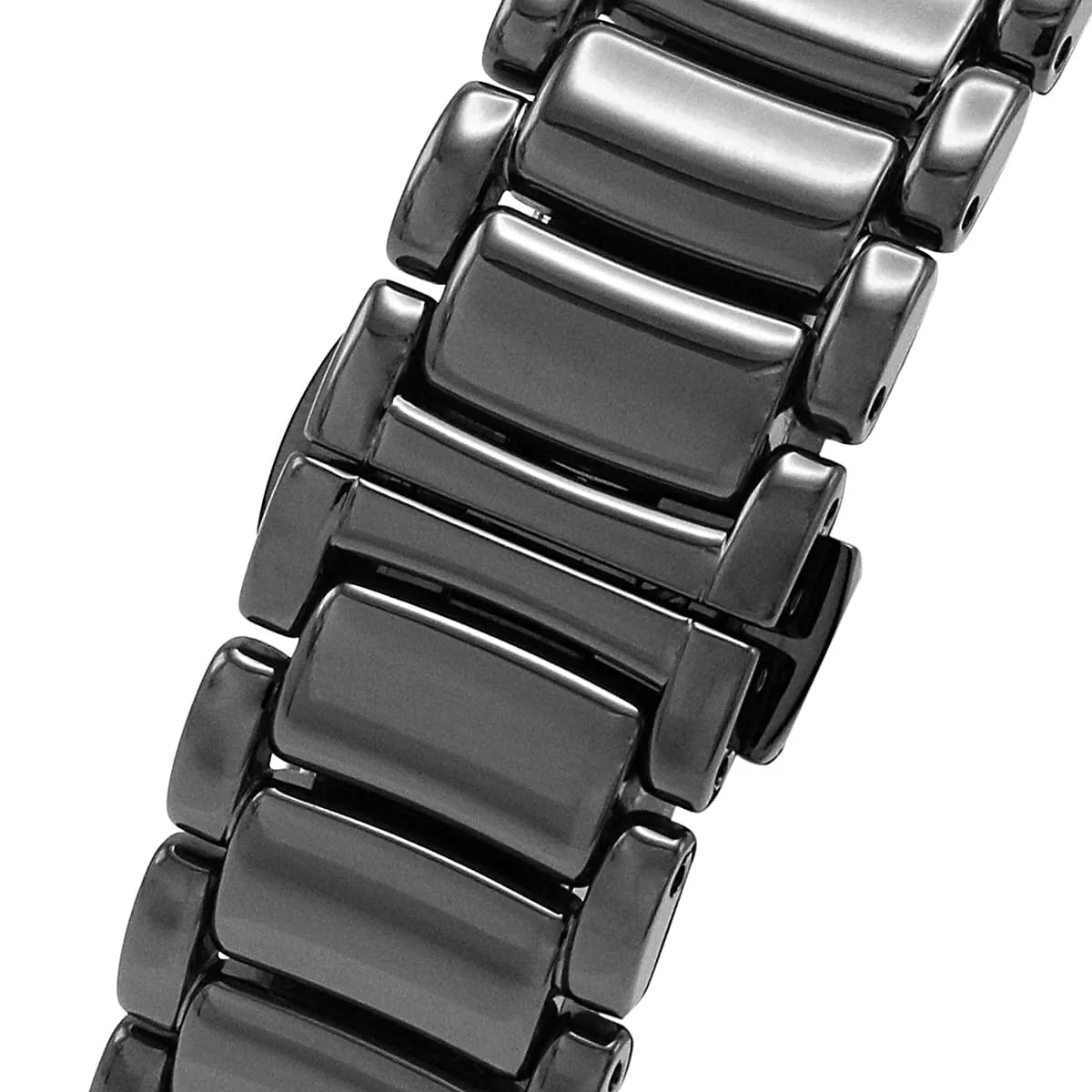 Detailed view of the gunmetal ion-plated stainless steel link bracelet for the AR60029